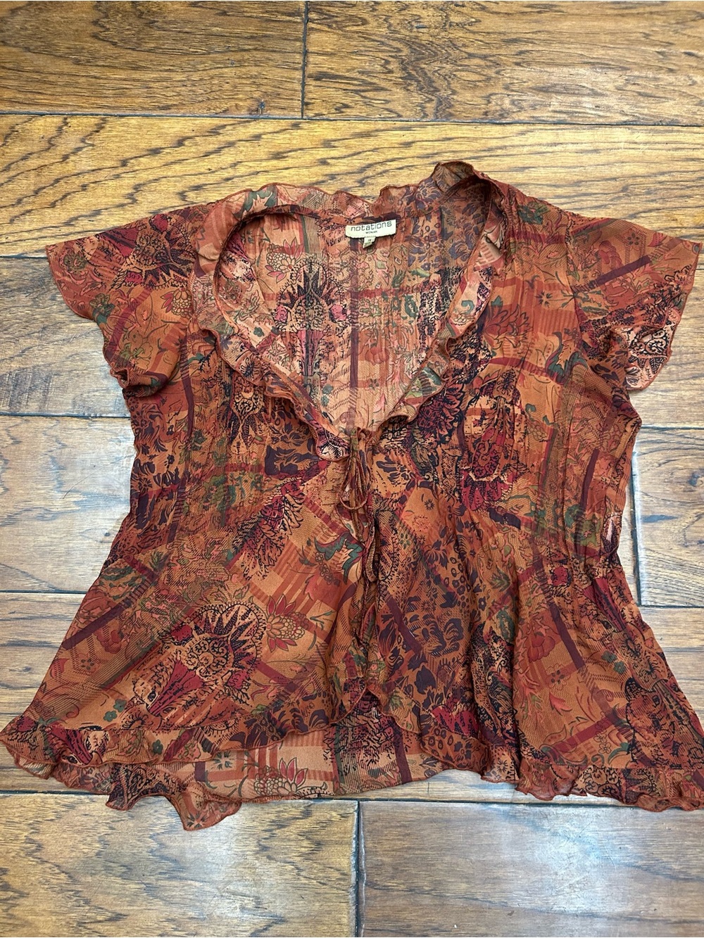Notations Women's Ruffle Tie-Front Blouse in Rust Multi